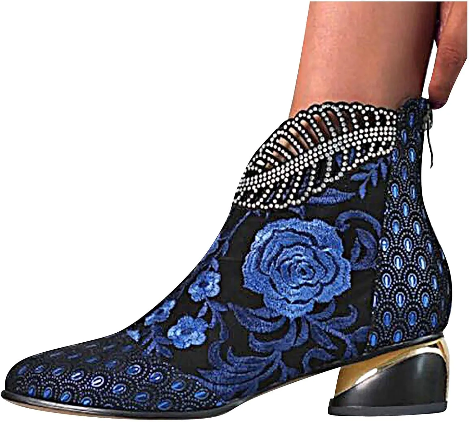 Sparkly Rhinestones Ankle Boots for Women Chunky Heel Vintage Pointed Toe Flower Embroidery Hollow Slip on Mid Heel Booties Retro Casual Ladies Shoes