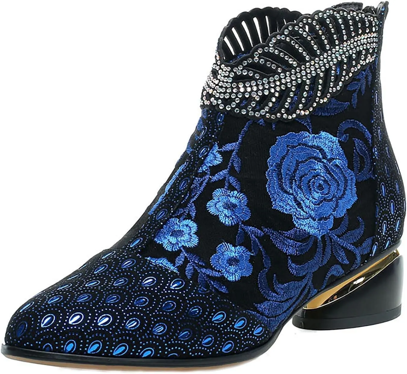 Sparkly Rhinestones Ankle Boots for Women Chunky Heel Vintage Pointed Toe Flower Embroidery Hollow Slip on Mid Heel Booties Retro Casual Ladies Shoes