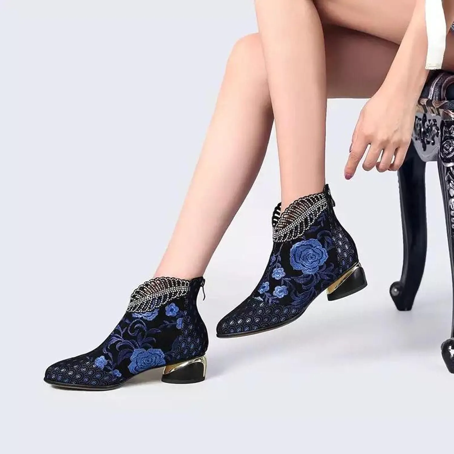 Sparkly Rhinestones Ankle Boots for Women Chunky Heel Vintage Pointed Toe Flower Embroidery Hollow Slip on Mid Heel Booties Retro Casual Ladies Shoes