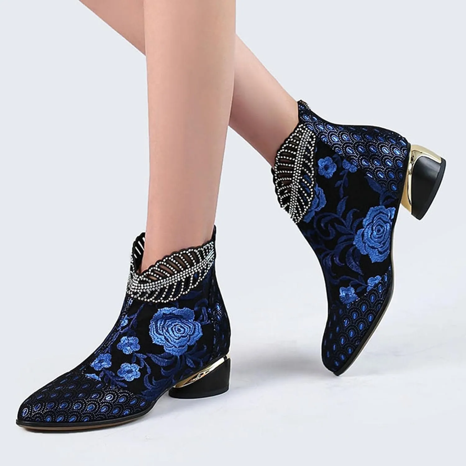 Sparkly Rhinestones Ankle Boots for Women Chunky Heel Vintage Pointed Toe Flower Embroidery Hollow Slip on Mid Heel Booties Retro Casual Ladies Shoes