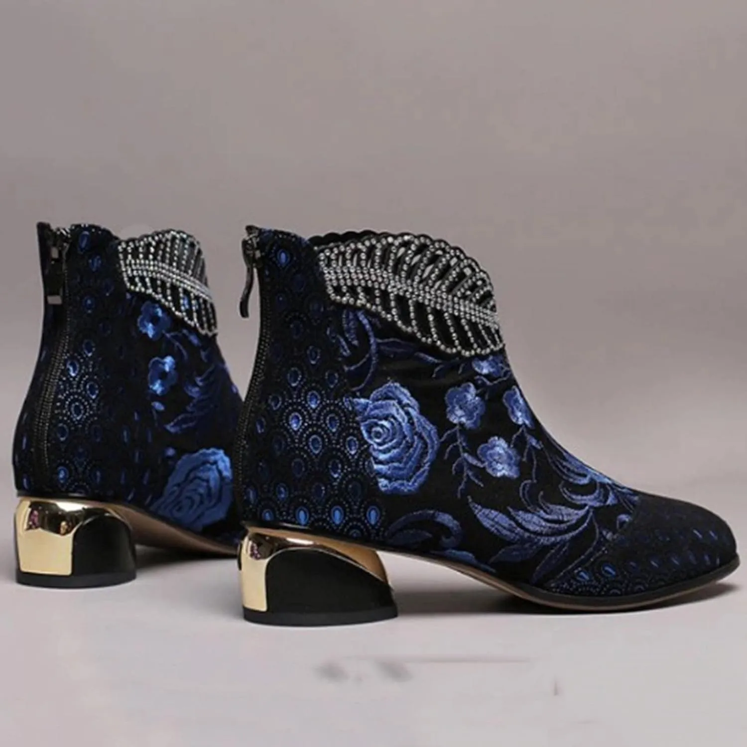 Sparkly Rhinestones Ankle Boots for Women Chunky Heel Vintage Pointed Toe Flower Embroidery Hollow Slip on Mid Heel Booties Retro Casual Ladies Shoes