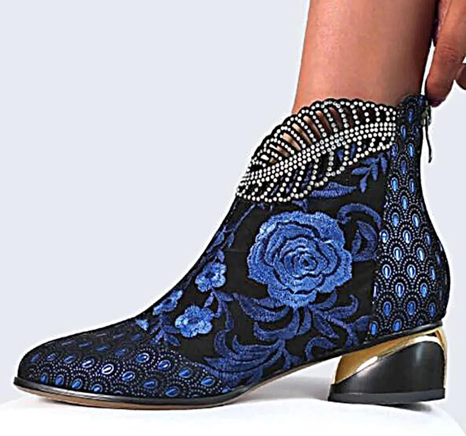 Sparkly Rhinestones Ankle Boots for Women Chunky Heel Vintage Pointed Toe Flower Embroidery Hollow Slip on Mid Heel Booties Retro Casual Ladies Shoes
