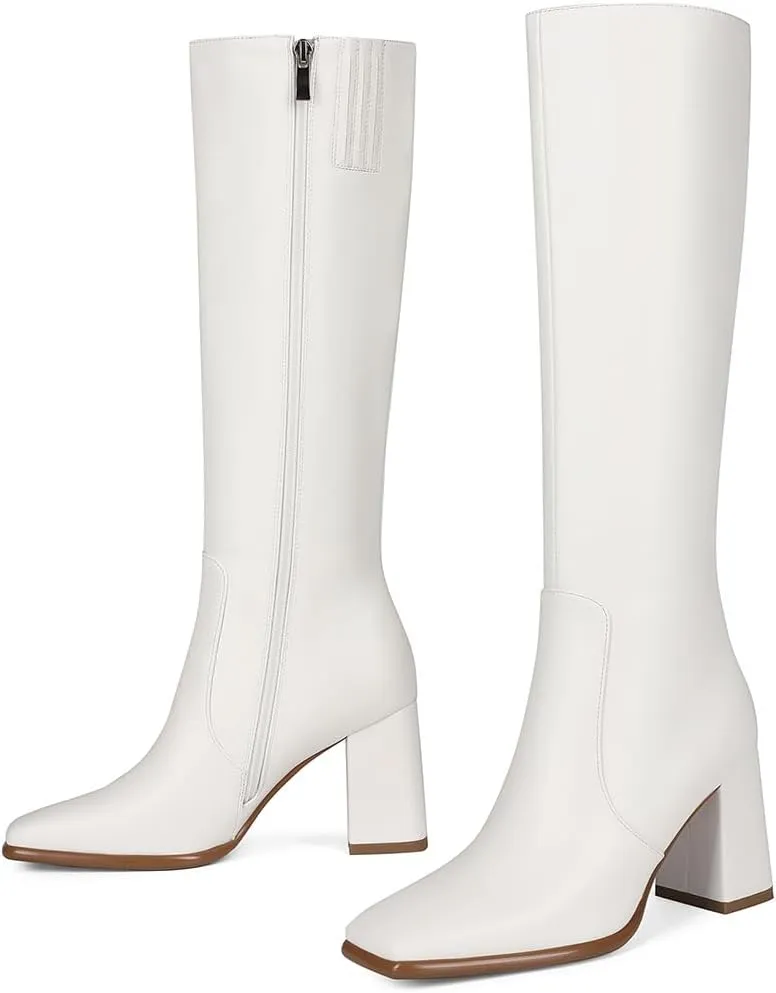 Square Toe Knee High Boots for Women Stylish Tall Boots Chunky Heel Long Boots Crocodile Boots Side Zipper.