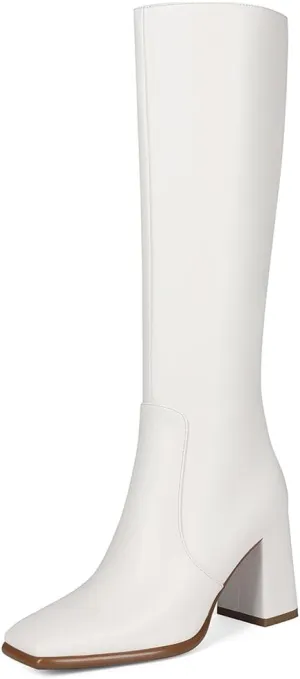 Square Toe Knee High Boots for Women Stylish Tall Boots Chunky Heel Long Boots Crocodile Boots Side Zipper.