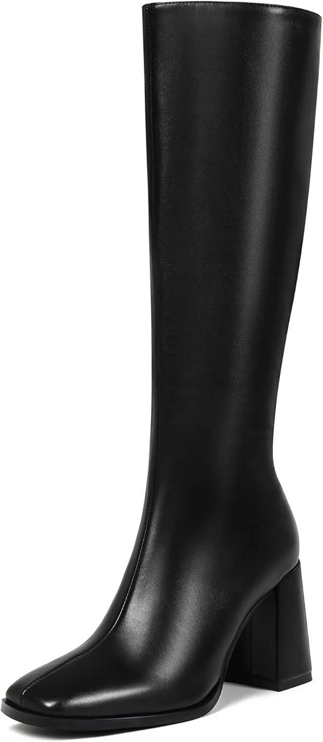 Square Toe Knee High Boots Women Chunky Block Heel Dress Tall Boots for Women High Heel GoGo Long Boots