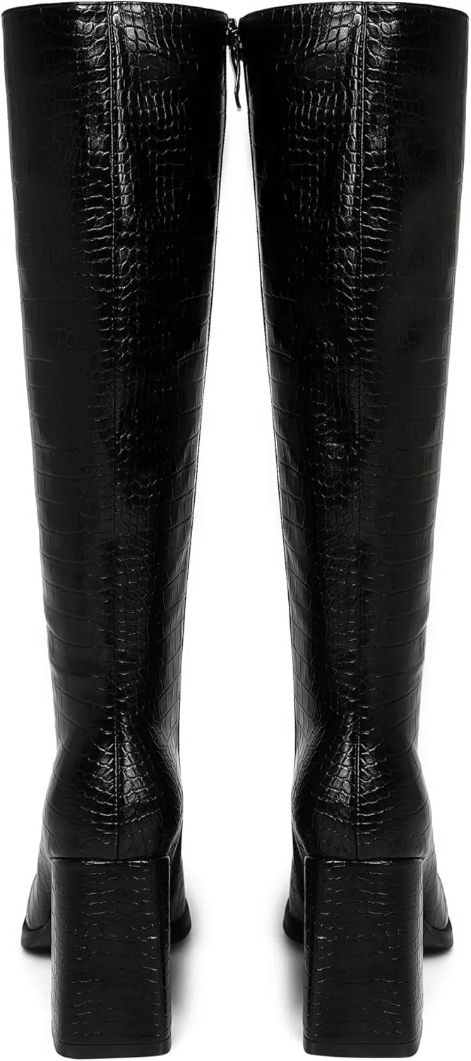 Square Toe Knee High Boots Women Chunky Block Heel Dress Tall Boots for Women High Heel GoGo Long Boots