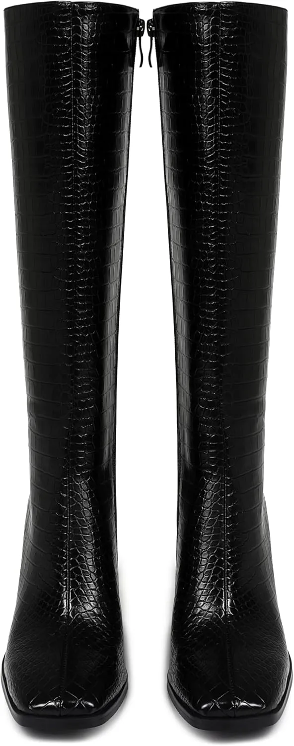 Square Toe Knee High Boots Women Chunky Block Heel Dress Tall Boots for Women High Heel GoGo Long Boots