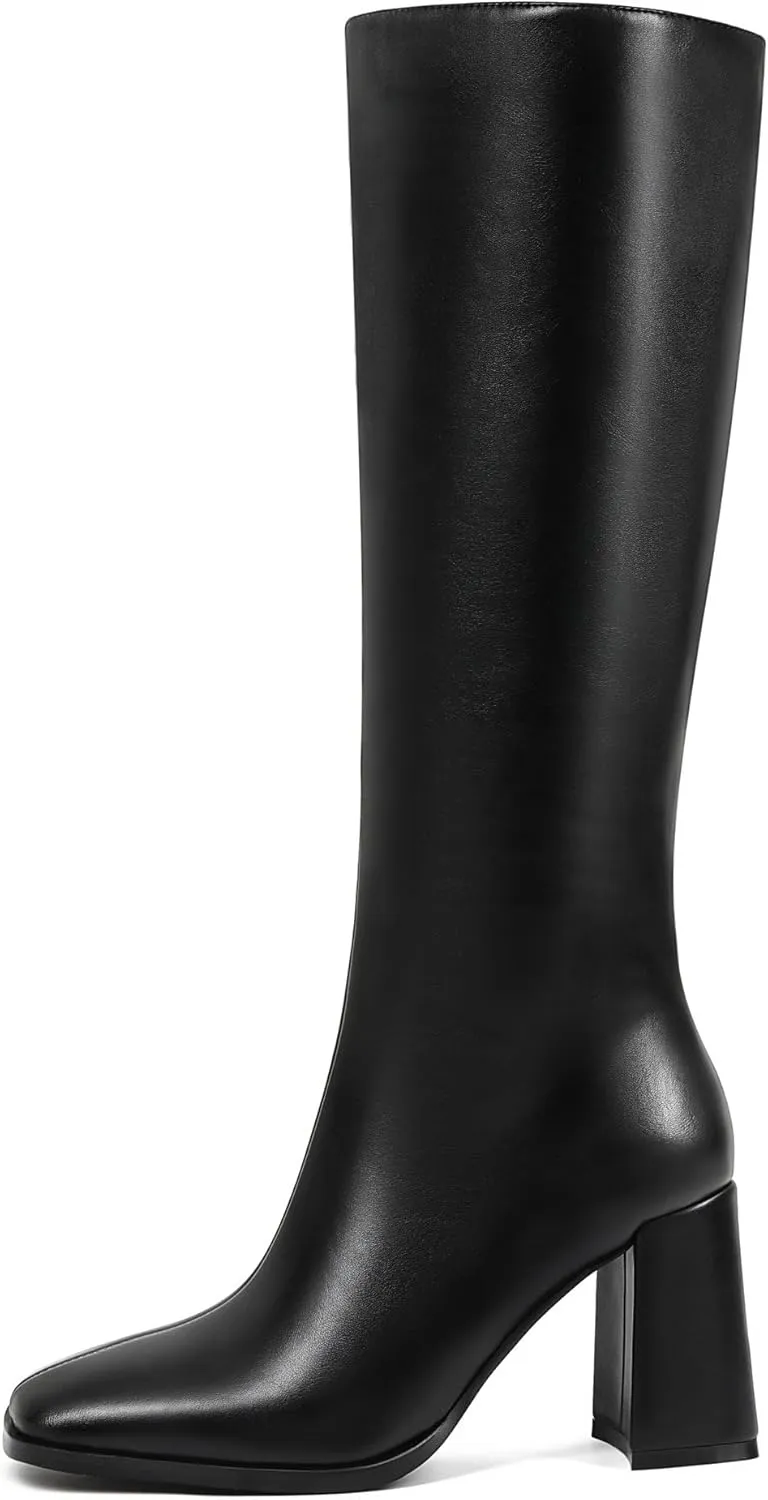 Square Toe Knee High Boots Women Chunky Block Heel Dress Tall Boots for Women High Heel GoGo Long Boots