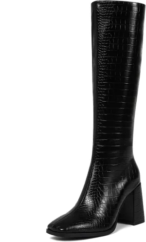 Square Toe Knee High Boots Women Chunky Block Heel Dress Tall Boots for Women High Heel GoGo Long Boots