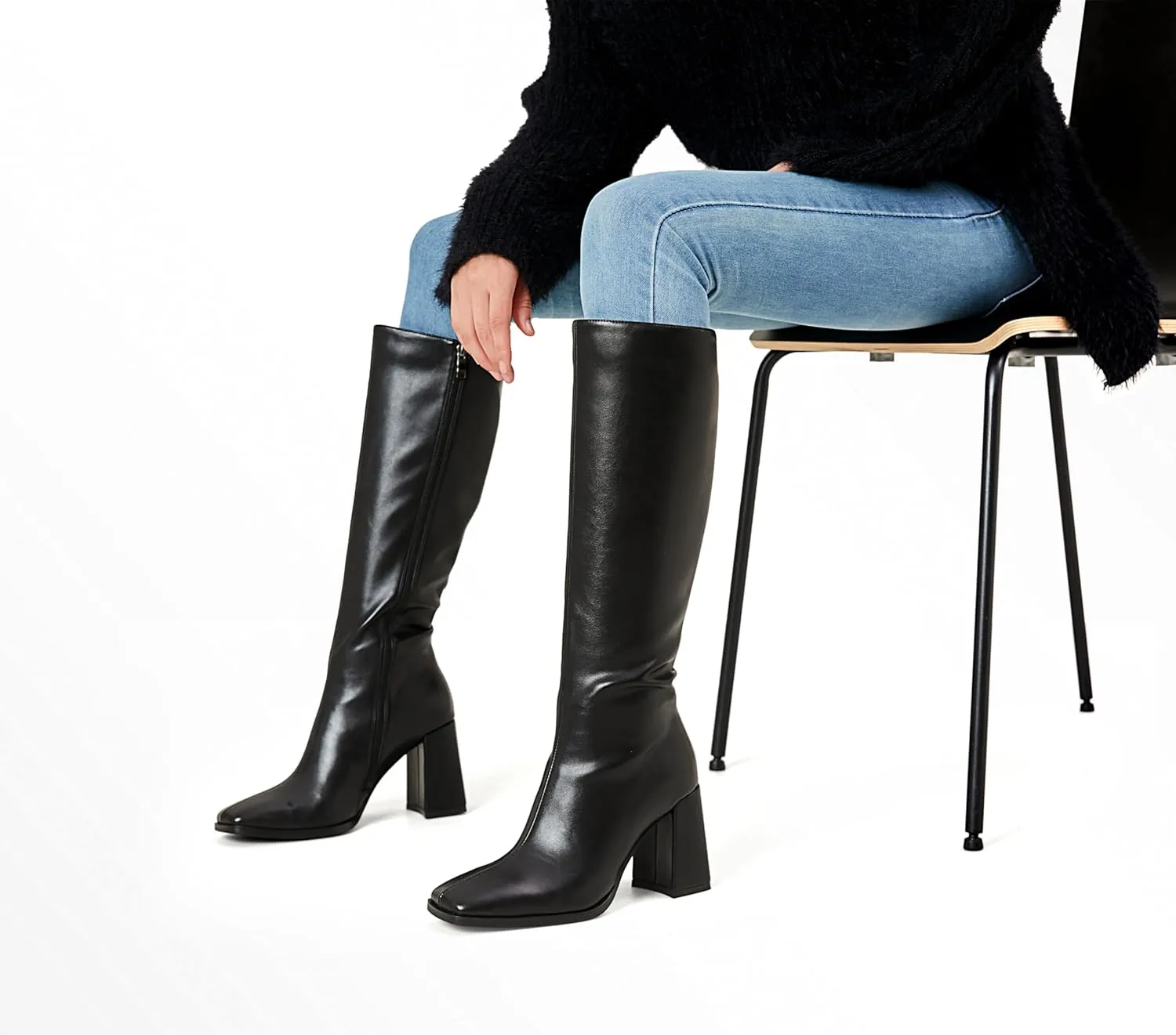 Square Toe Knee High Boots Women Chunky Block Heel Dress Tall Boots for Women High Heel GoGo Long Boots