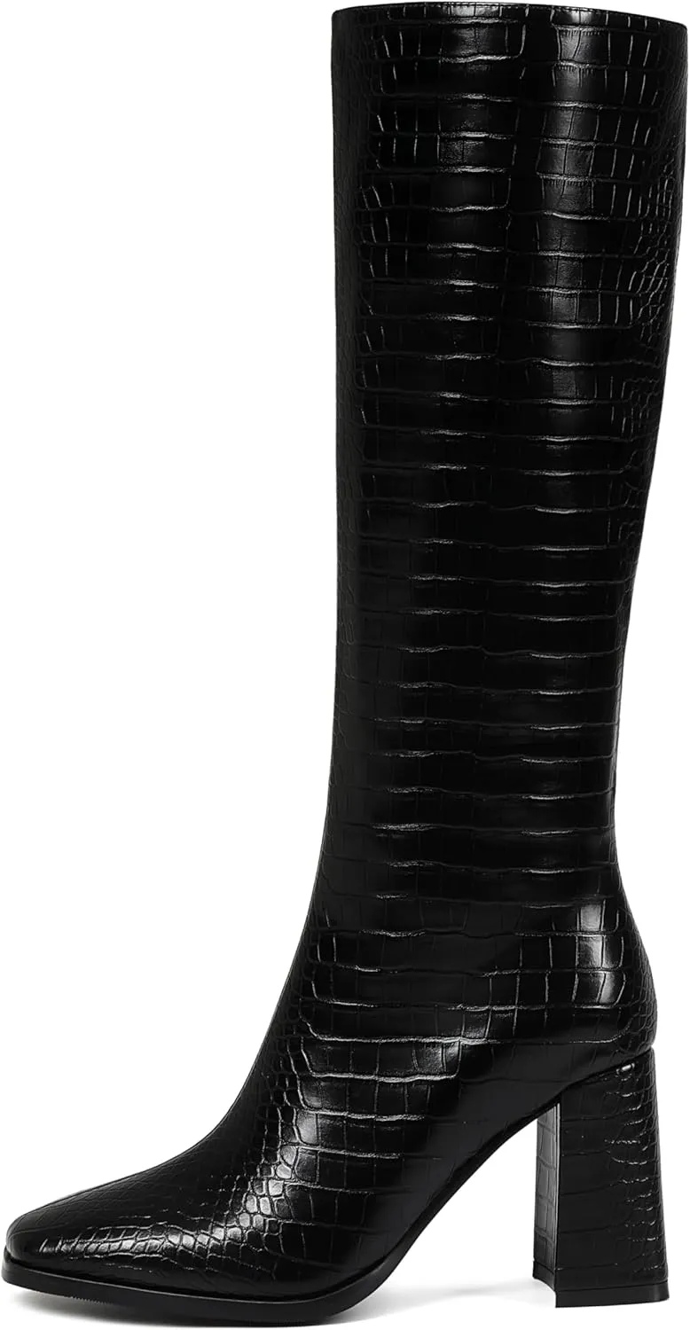 Square Toe Knee High Boots Women Chunky Block Heel Dress Tall Boots for Women High Heel GoGo Long Boots