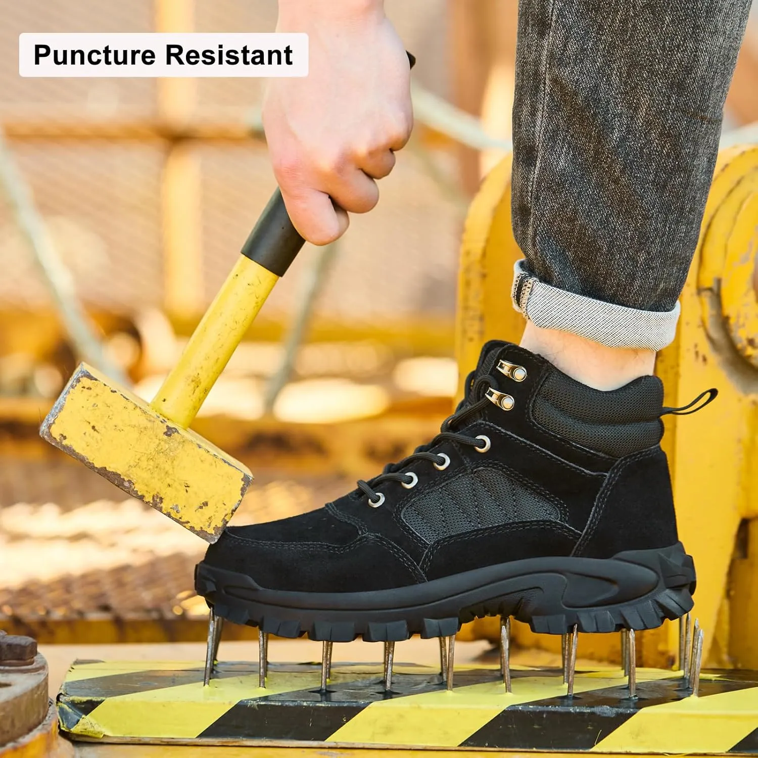Steel Toe Boots for Men Women, Steel/Composite Toe, Leather & Canvas Upper, Lace-up, Durable Puncture Proof Slip on Indestructible High Top Work Boots