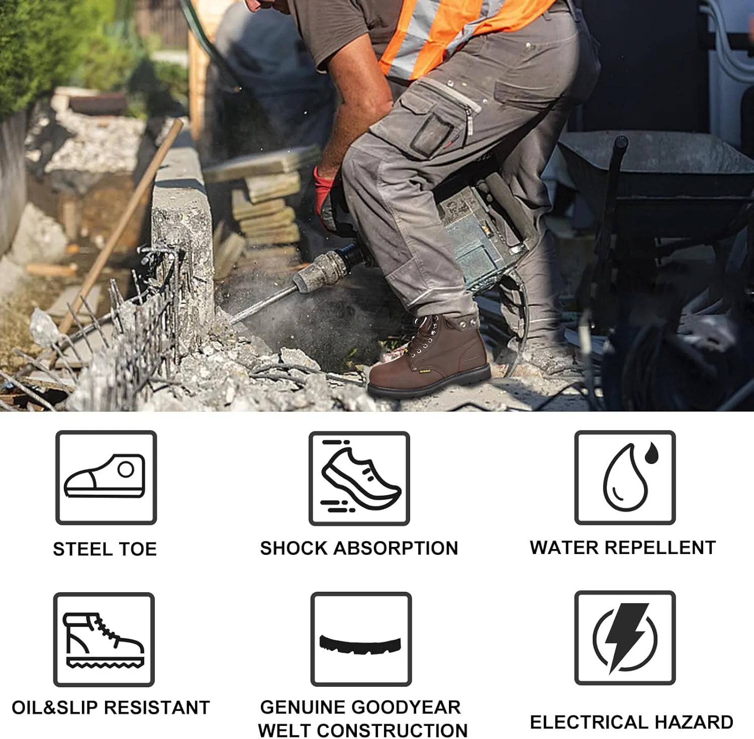 Steel Toe Work Safety Boots for Men, Comfortable Wide Work Shoes Durable Leather Non-Slip Oil-Resistant Lightweight Rubber Sole Construction Industrial Electrician Work Boots