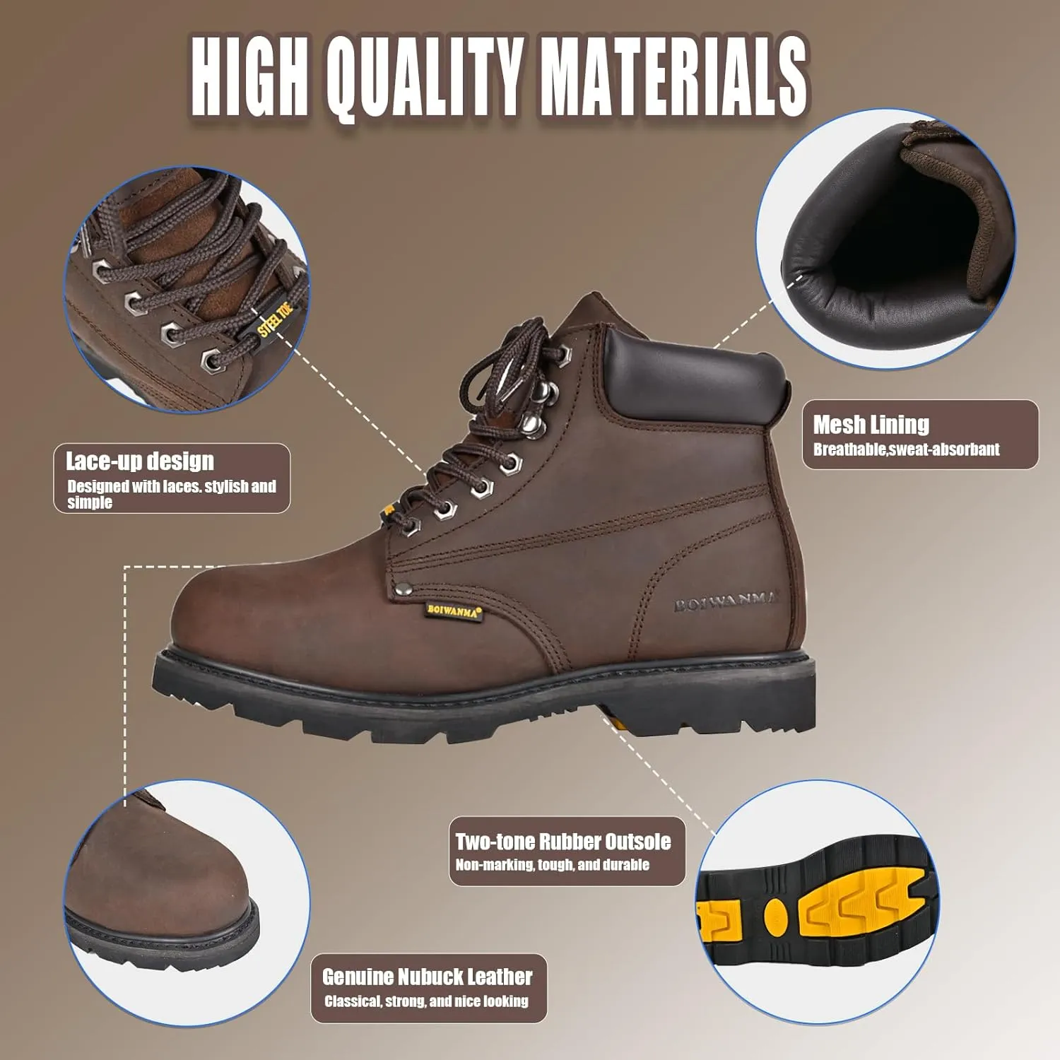 Steel Toe Work Safety Boots for Men, Comfortable Wide Work Shoes Durable Leather Non-Slip Oil-Resistant Lightweight Rubber Sole Construction Industrial Electrician Work Boots