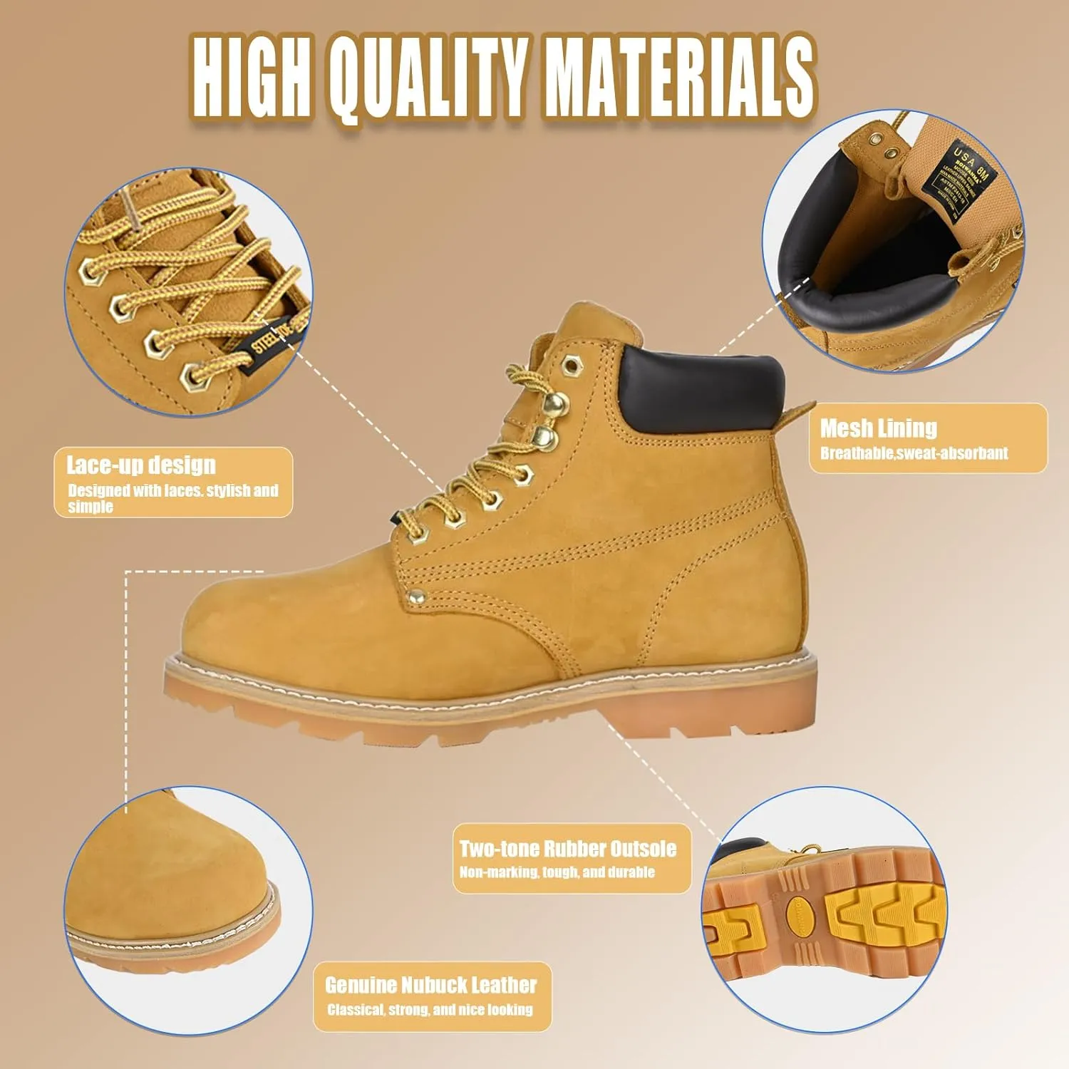 Steel Toe Work Safety Boots for Men, Comfortable Wide Work Shoes Durable Leather Non-Slip Oil-Resistant Lightweight Rubber Sole Construction Industrial Electrician Work Boots