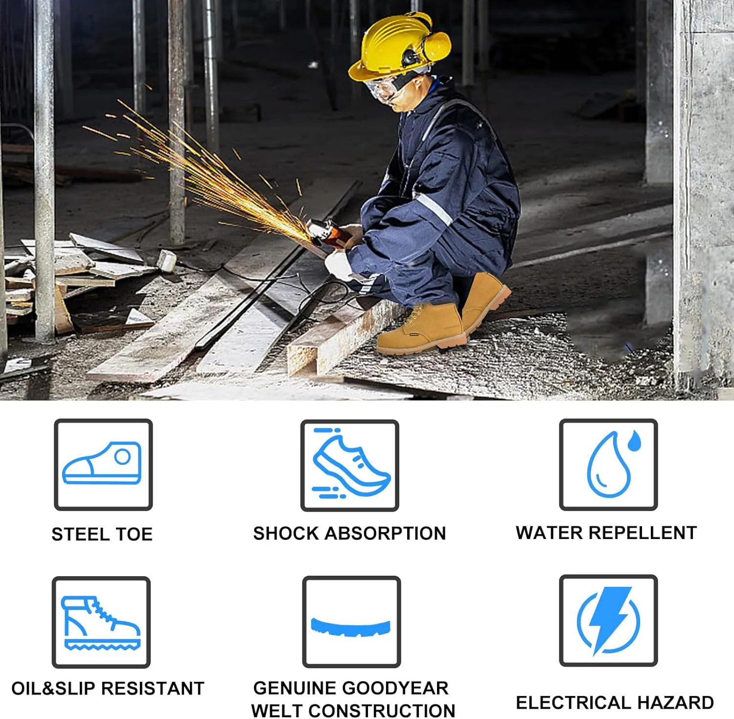 Steel Toe Work Safety Boots for Men, Comfortable Wide Work Shoes Durable Leather Non-Slip Oil-Resistant Lightweight Rubber Sole Construction Industrial Electrician Work Boots
