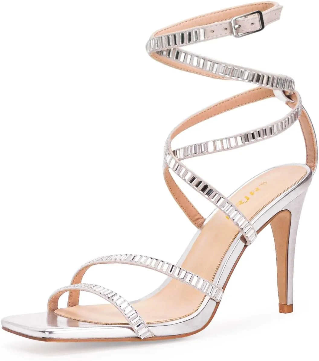 Strappy Heels for Women Lace up High Heel Sandals Square Open Toe Rhinestone Ankle Strap Stiletto Heels Sexy Prom Dress Party Wedding Heeled Shoes