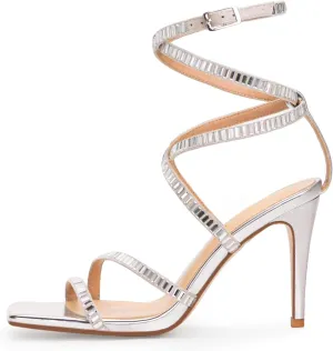 Strappy Heels for Women Lace up High Heel Sandals Square Open Toe Rhinestone Ankle Strap Stiletto Heels Sexy Prom Dress Party Wedding Heeled Shoes