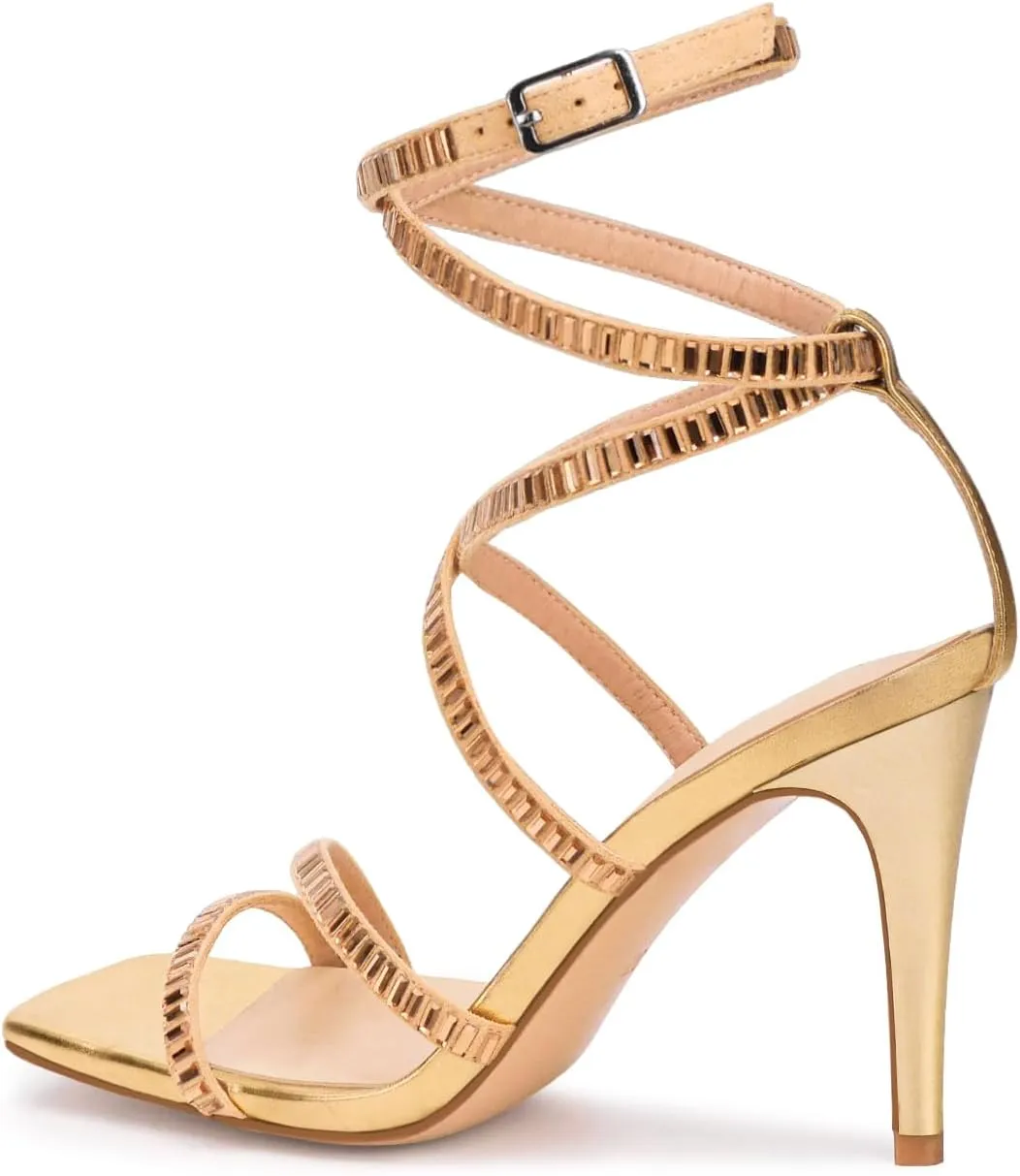 Strappy Heels for Women Lace up High Heel Sandals Square Open Toe Rhinestone Ankle Strap Stiletto Heels Sexy Prom Dress Party Wedding Heeled Shoes