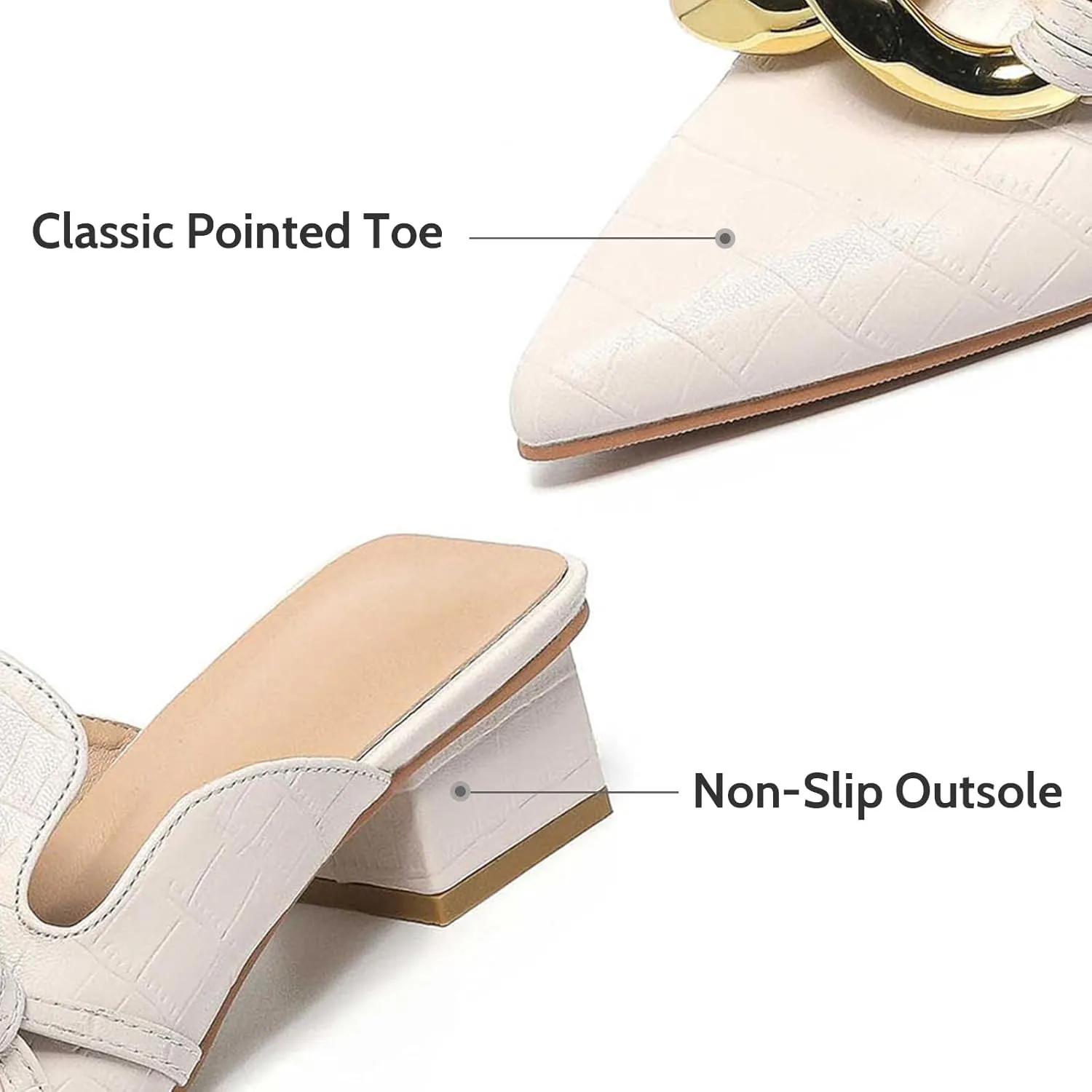 Stratuxx Kaze Women's Chunky Heeled Mules Slip on Closed Pointed Toe Backless Loafers with Metal Chain for Women Size 6-10