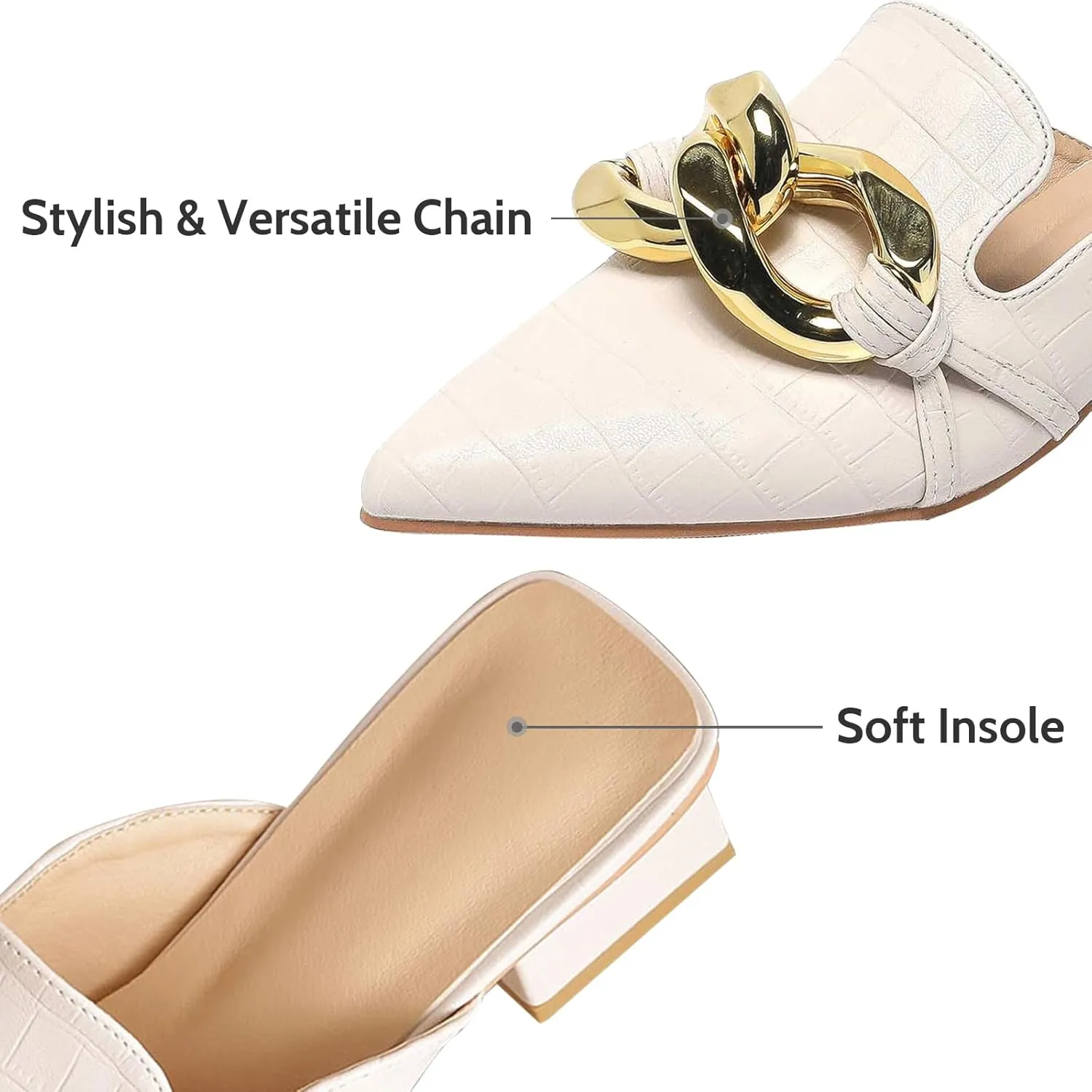 Stratuxx Kaze Women's Chunky Heeled Mules Slip on Closed Pointed Toe Backless Loafers with Metal Chain for Women Size 6-10
