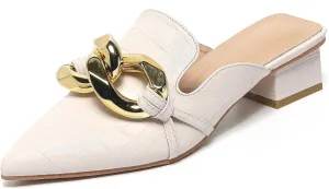 Stratuxx Kaze Women's Chunky Heeled Mules Slip on Closed Pointed Toe Backless Loafers with Metal Chain for Women Size 6-10