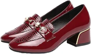 Stylish Women's Patent Leather Print Chunky High Heels Loafers Comfort Round Toe Pearl Metal Buckle Decoration Slip On Dress Shoes for Office Party Walking Formal