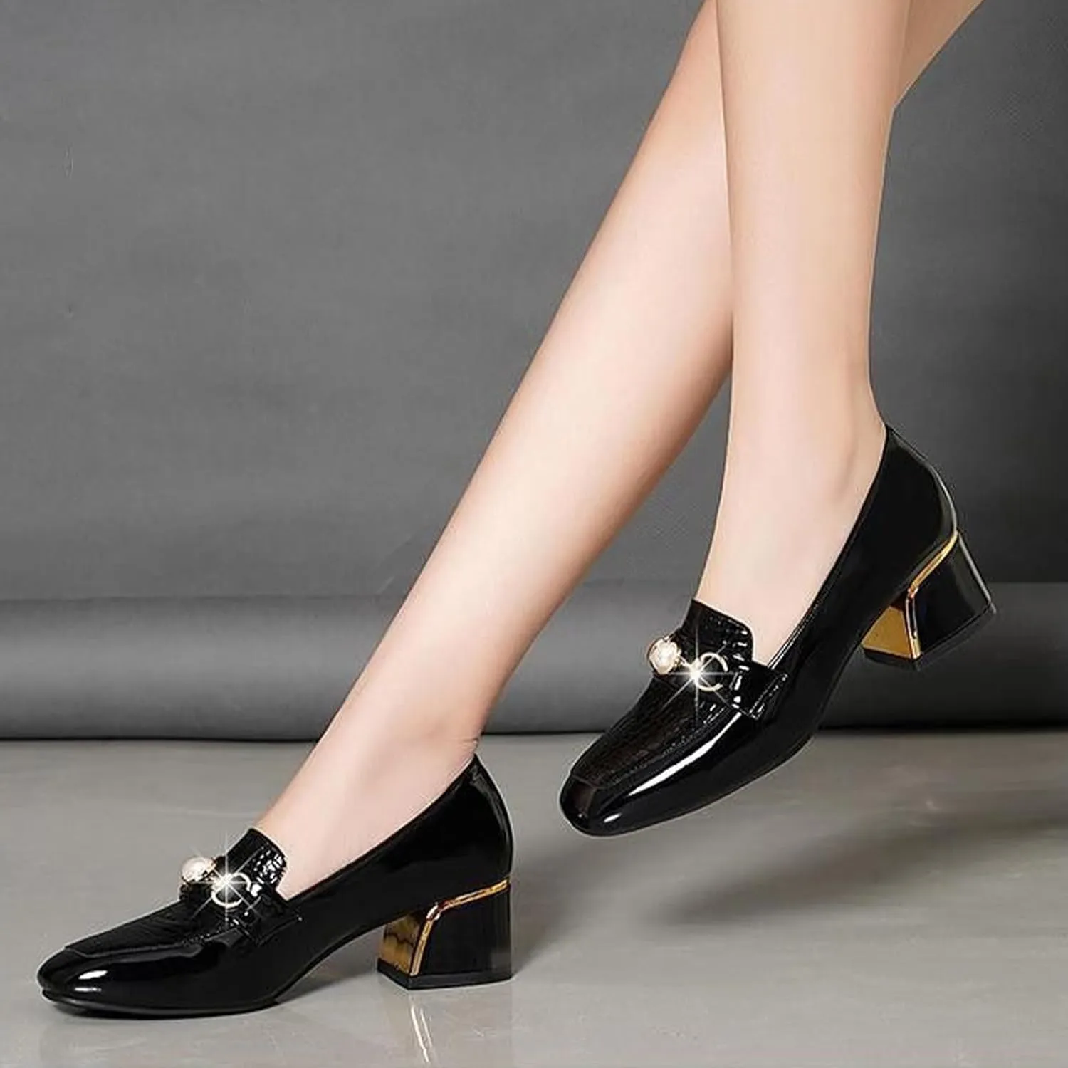 Stylish Women's Patent Leather Print Chunky High Heels Loafers Comfort Round Toe Pearl Metal Buckle Decoration Slip On Dress Shoes for Office Party Walking Formal