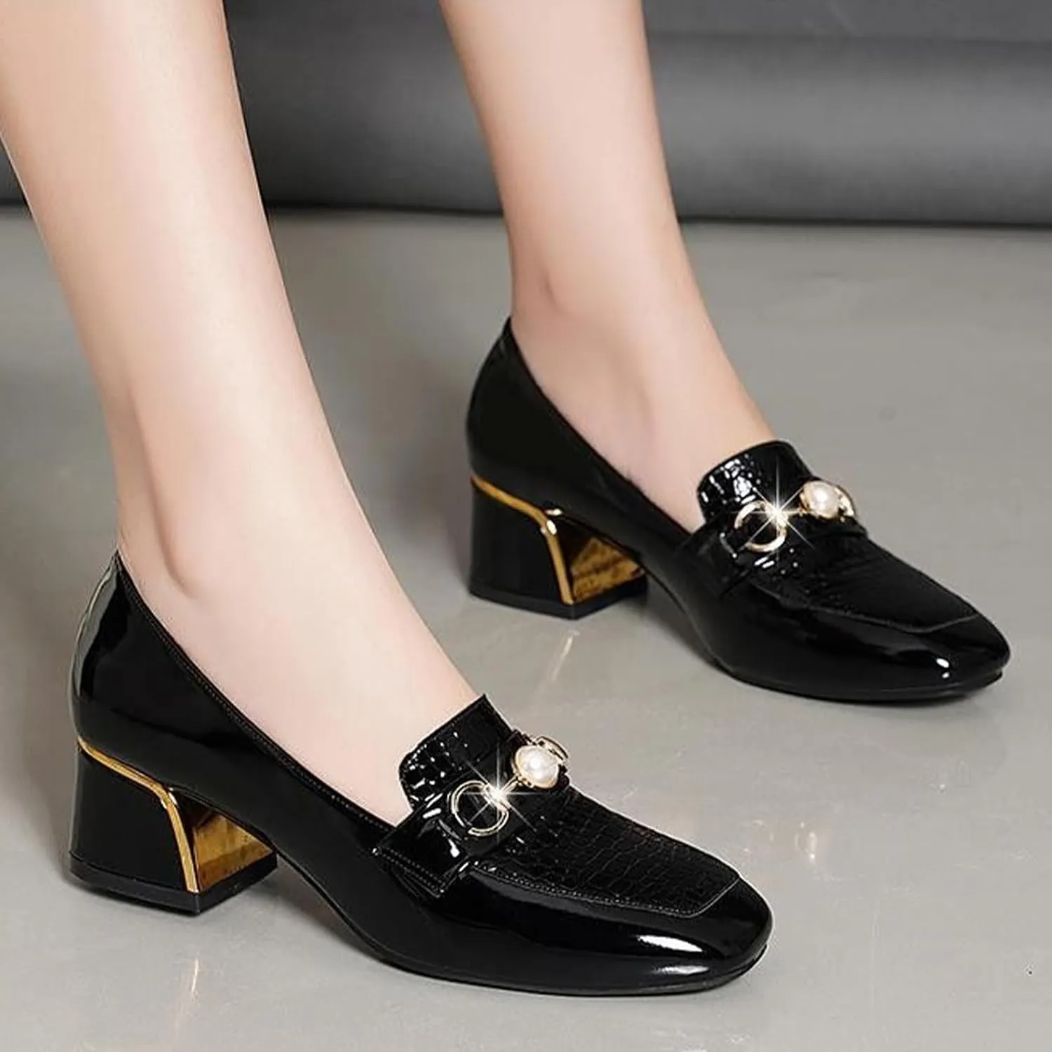Stylish Women's Patent Leather Print Chunky High Heels Loafers Comfort Round Toe Pearl Metal Buckle Decoration Slip On Dress Shoes for Office Party Walking Formal