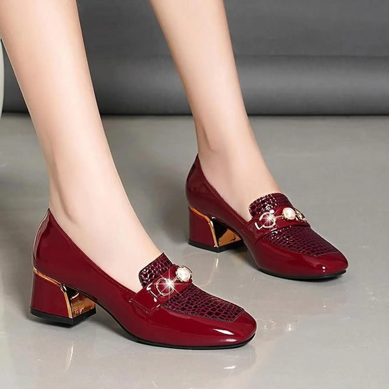 Stylish Women's Patent Leather Print Chunky High Heels Loafers Comfort Round Toe Pearl Metal Buckle Decoration Slip On Dress Shoes for Office Party Walking Formal