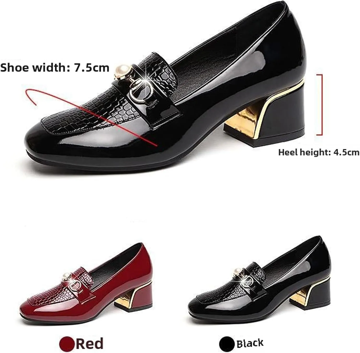 Stylish Women's Patent Leather Print Chunky High Heels Loafers Comfort Round Toe Pearl Metal Buckle Decoration Slip On Dress Shoes for Office Party Walking Formal