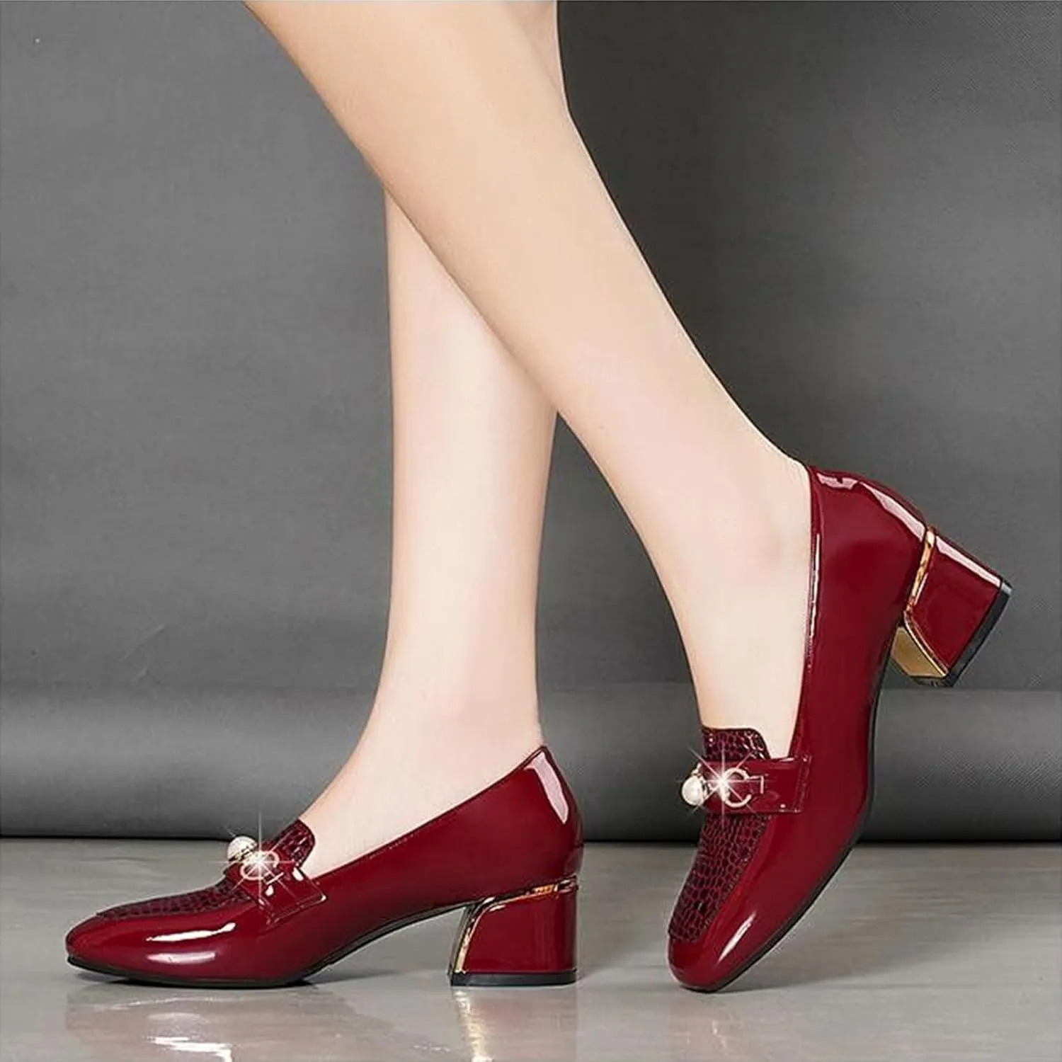 Stylish Women's Patent Leather Print Chunky High Heels Loafers Comfort Round Toe Pearl Metal Buckle Decoration Slip On Dress Shoes for Office Party Walking Formal
