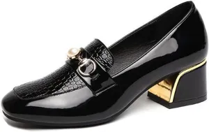 Stylish Women's Patent Leather Print Chunky High Heels Loafers Comfort Round Toe Pearl Metal Buckle Decoration Slip On Dress Shoes for Office Party Walking Formal