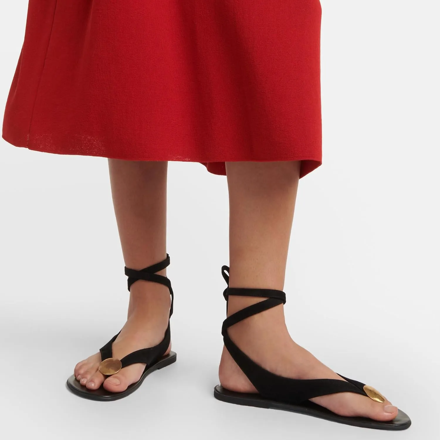 Suede Flat Sandals for Women Cute Ankle Strappy Thong Sandals Ladies Summer Dress Flip Flops with Metal Circular