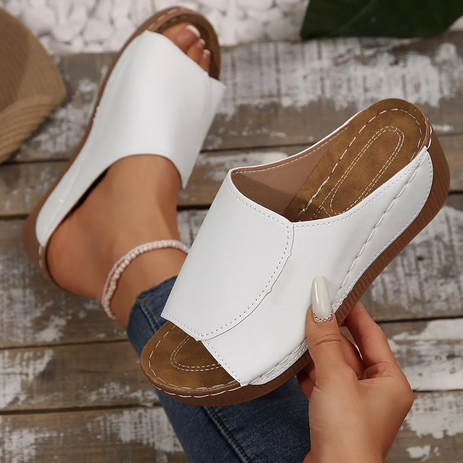 Summer Sandals for Women 2025 Platform Wedge Comfy 𝗟ounge Wide Slides Breathable Leather Non Slip Walking Casual Trendy