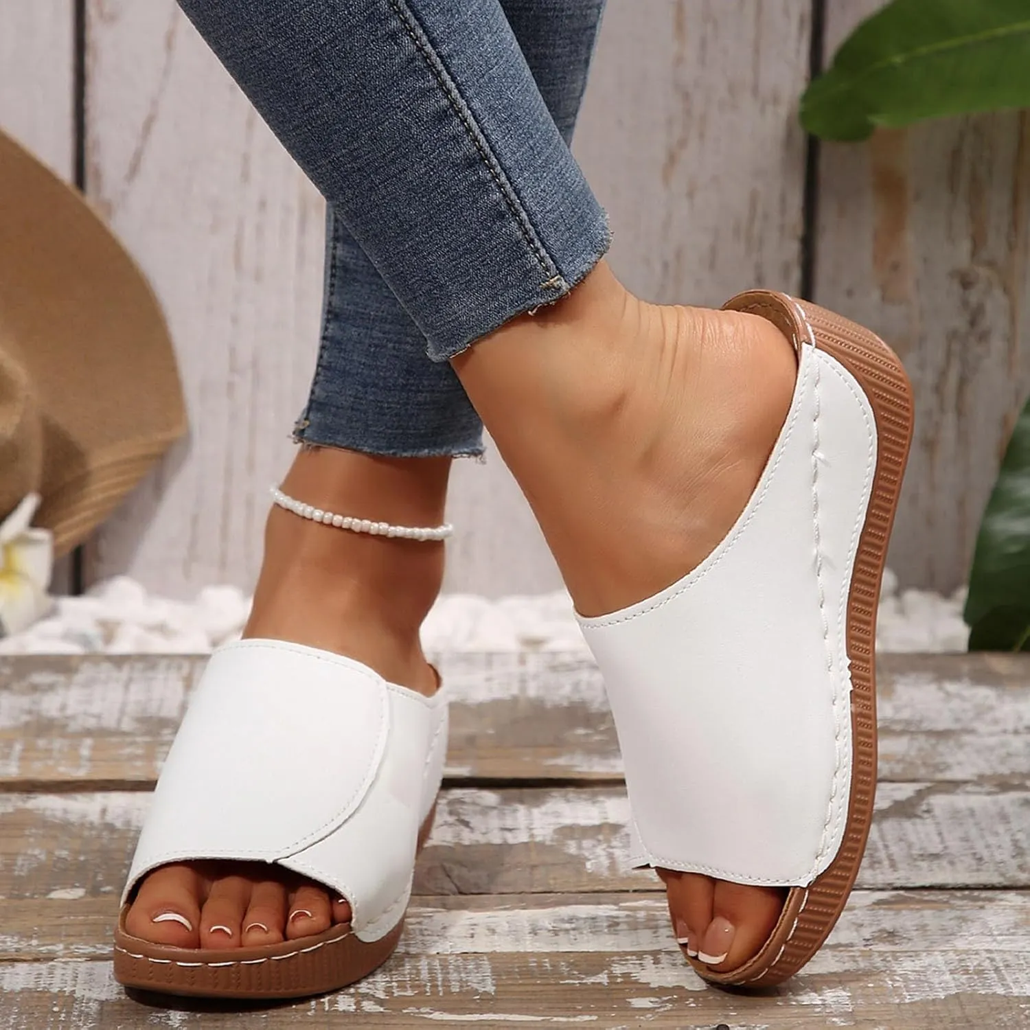 Summer Sandals for Women 2025 Platform Wedge Comfy 𝗟ounge Wide Slides Breathable Leather Non Slip Walking Casual Trendy