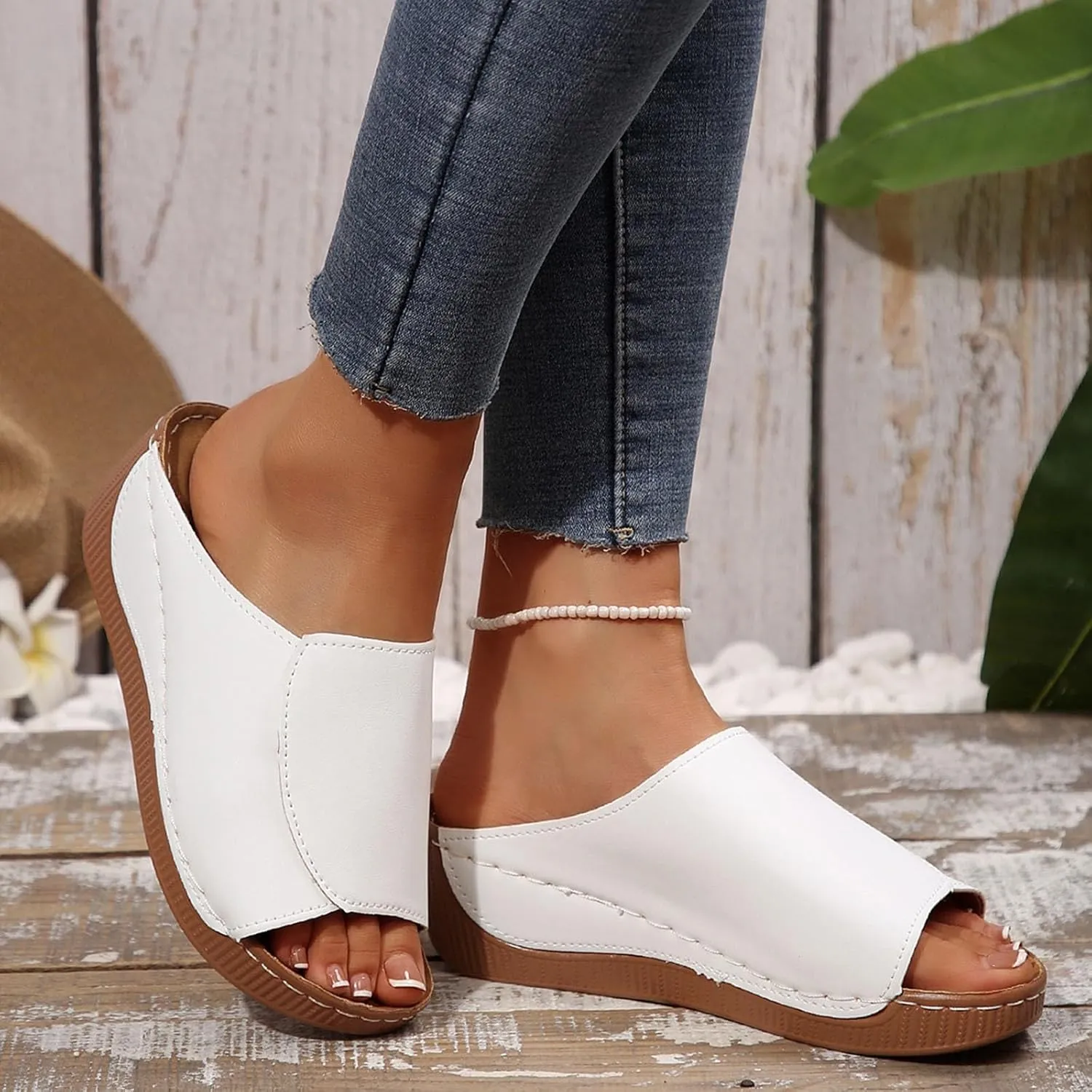 Summer Sandals for Women 2025 Platform Wedge Comfy 𝗟ounge Wide Slides Breathable Leather Non Slip Walking Casual Trendy