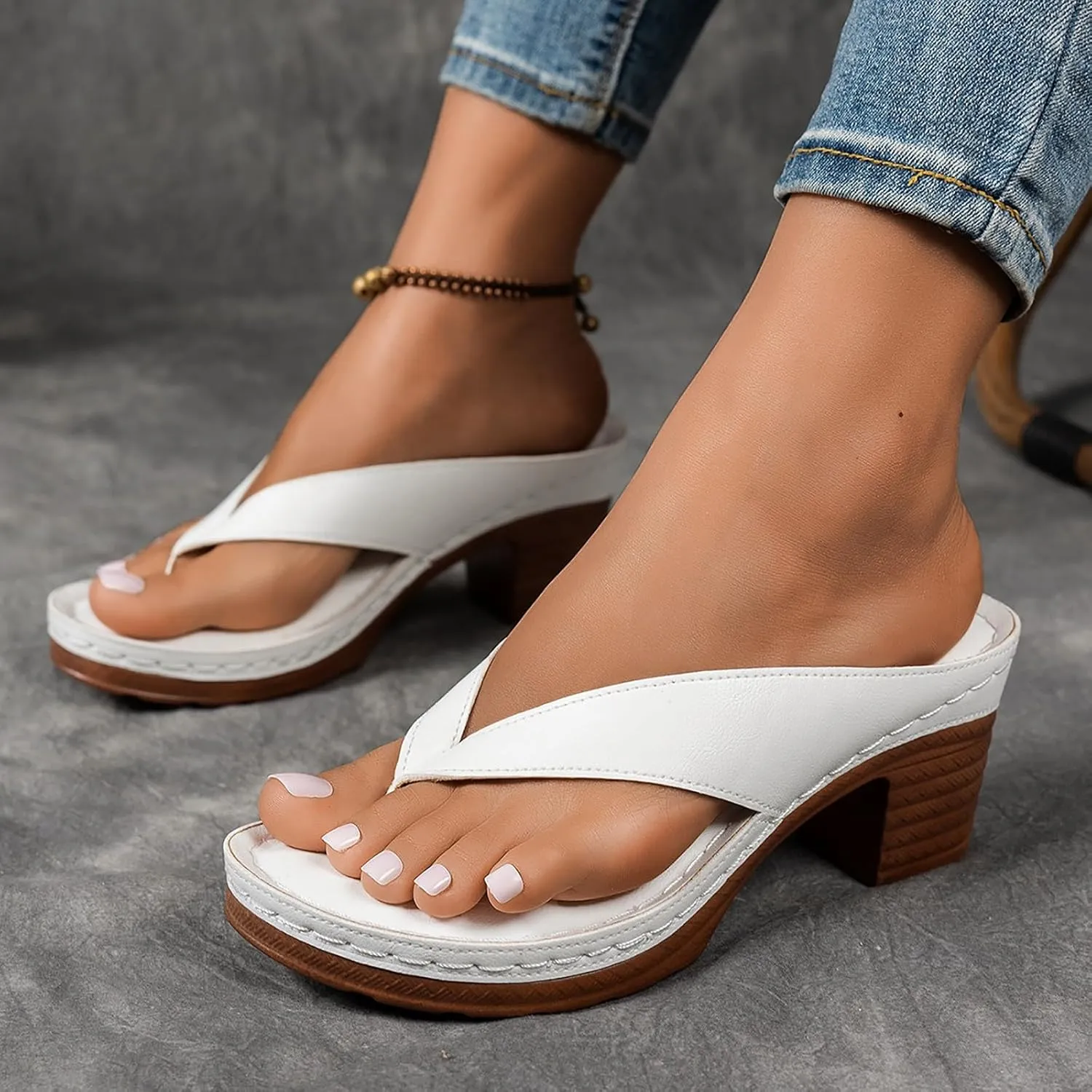 Summer Sandals for Women 2025 Women's Orthopedic Dressy Chunky Heel Sandal Arch Support Comfortable Slip-On Open Toe Heeled Flip Flops Bridal Party Wedding Shoes Casual Wedge Thong Sandals