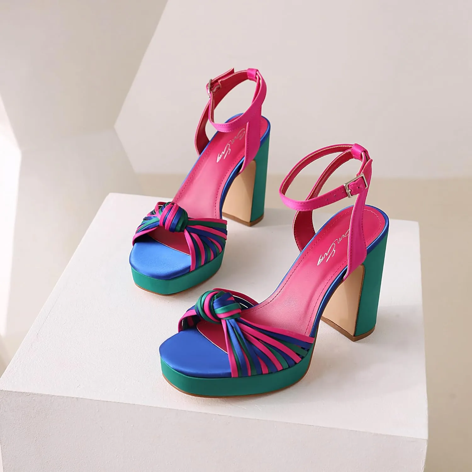 sun gurg Strappy Platform Heels for Women Square Open Toe Chunky High Heels Multicolored Ankle Strap Block Heeled Sandals for Prom Wedding Date Night