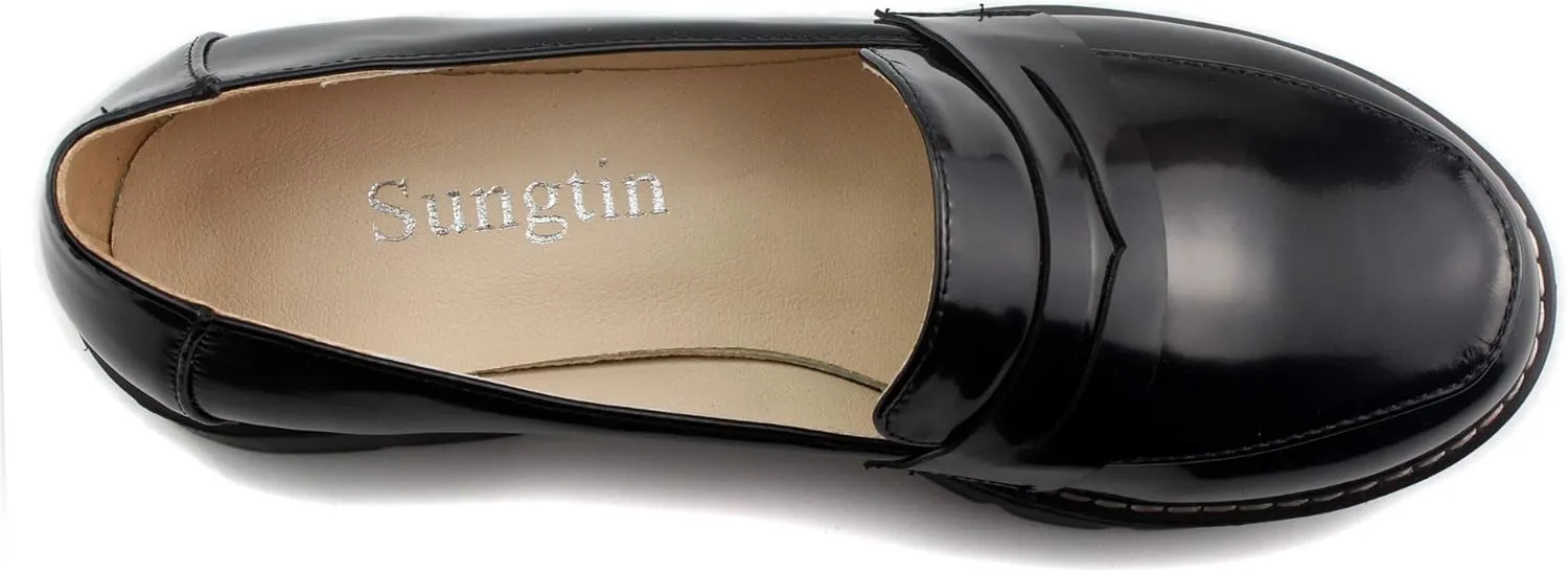 Sungtin Women's Slip-on Platform Loafers Chunky Mid Heel School Uniform Goth Shoes Oxford Pumps