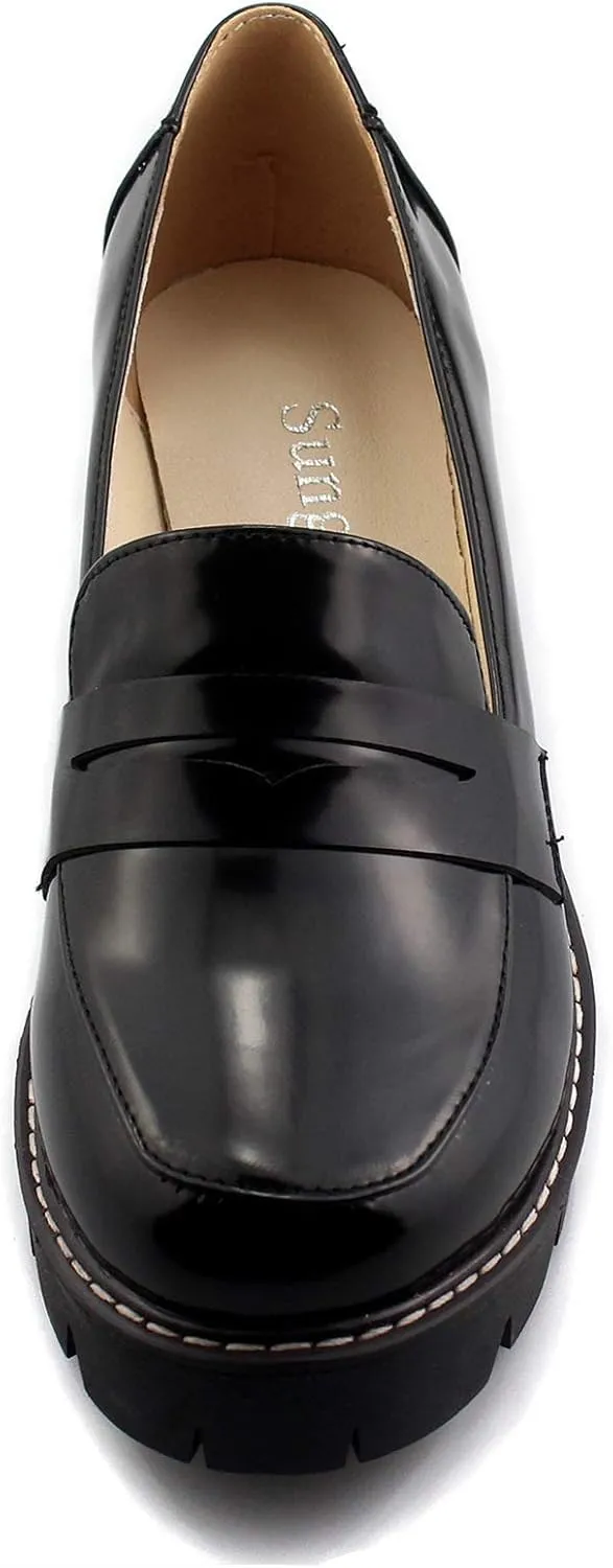Sungtin Women's Slip-on Platform Loafers Chunky Mid Heel School Uniform Goth Shoes Oxford Pumps