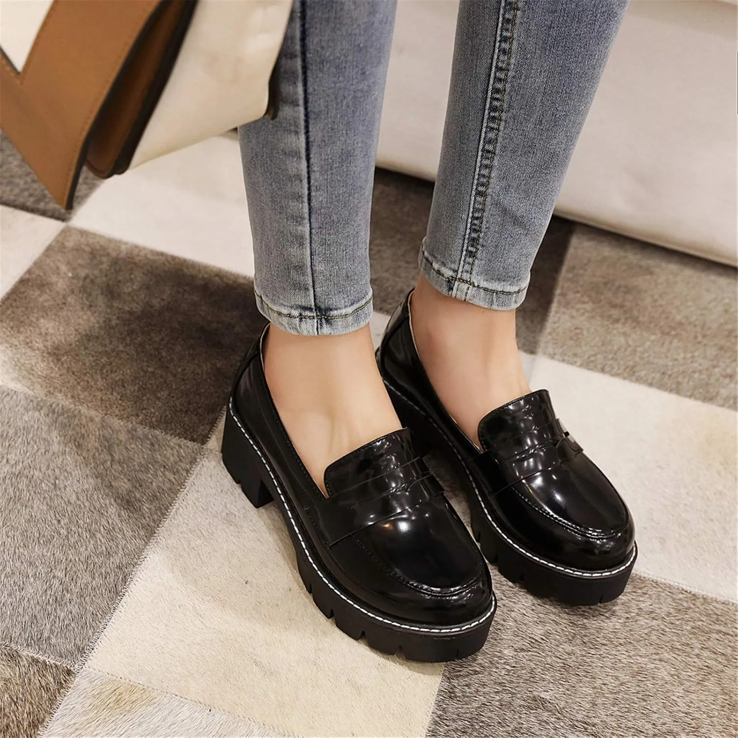 Sungtin Women's Slip-on Platform Loafers Chunky Mid Heel School Uniform Goth Shoes Oxford Pumps