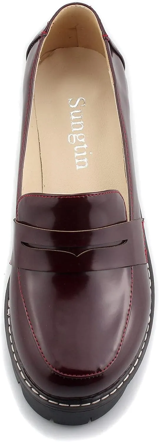 Sungtin Women's Slip-on Platform Loafers Chunky Mid Heel School Uniform Goth Shoes Oxford Pumps