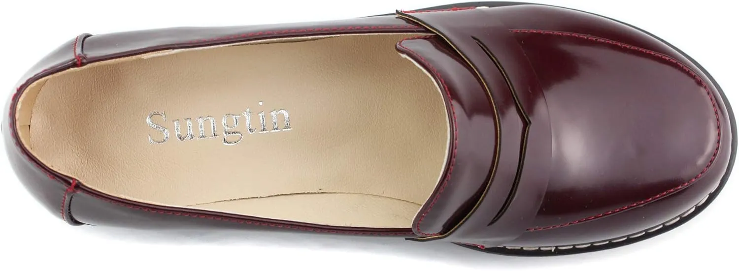 Sungtin Women's Slip-on Platform Loafers Chunky Mid Heel School Uniform Goth Shoes Oxford Pumps