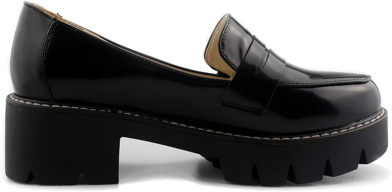 Sungtin Women's Slip-on Platform Loafers Chunky Mid Heel School Uniform Goth Shoes Oxford Pumps