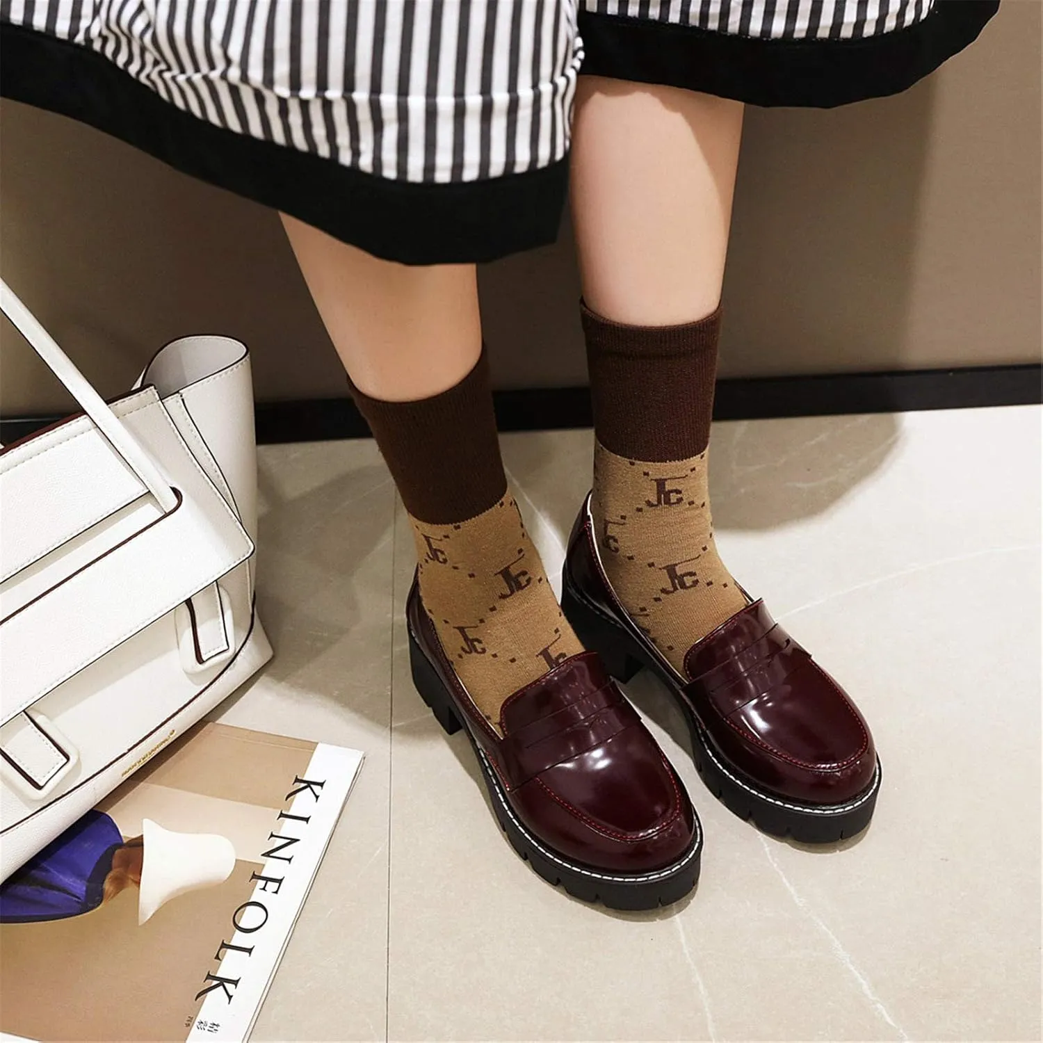 Sungtin Women's Slip-on Platform Loafers Chunky Mid Heel School Uniform Goth Shoes Oxford Pumps