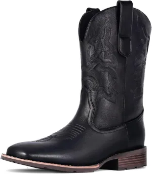 Suokdil Cowboy Boots for Men - Men's Western Boots with Embroidery, Slip Resistant Square Toe Chunky Heel, Durable and Fashionable Retro Classic Footwear for Spring and Fall