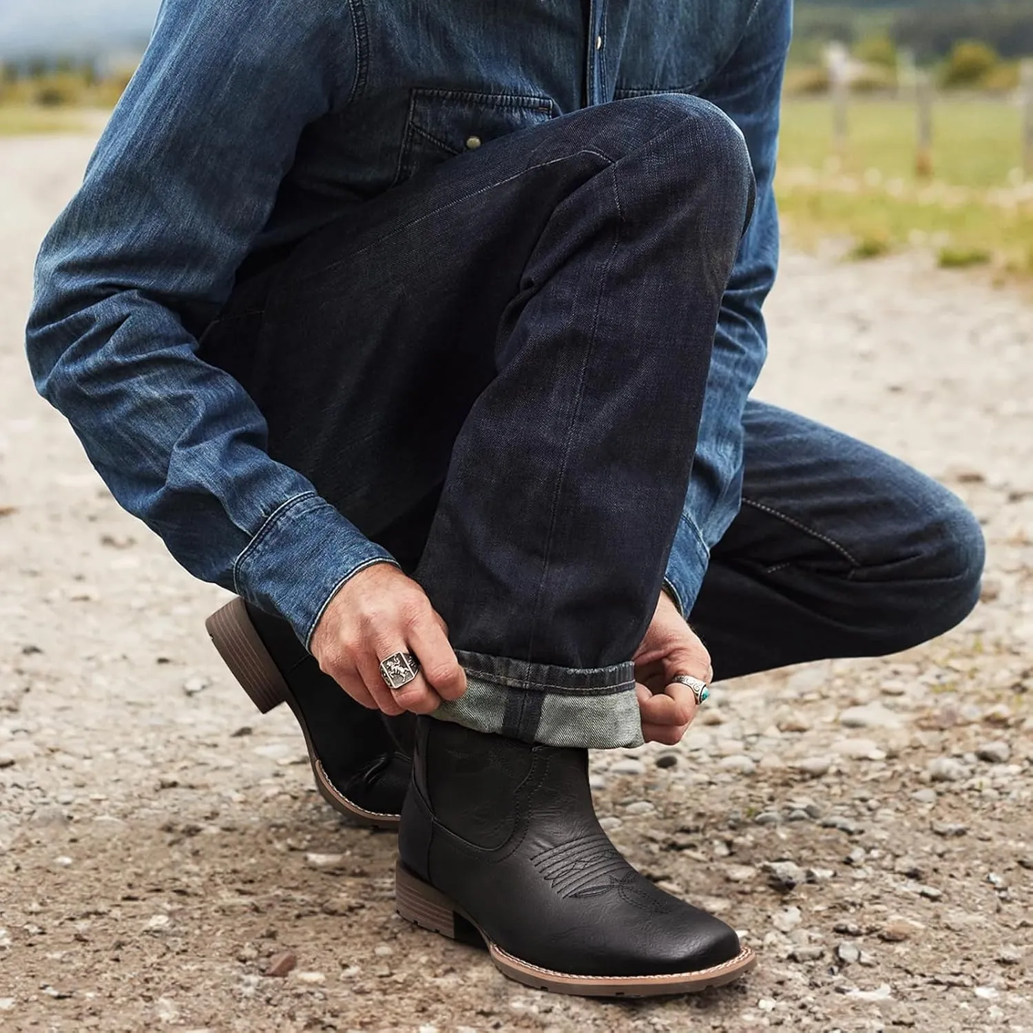 Suokdil Cowboy Boots for Men - Men's Western Boots with Embroidery, Slip Resistant Square Toe Chunky Heel, Durable and Fashionable Retro Classic Footwear for Spring and Fall