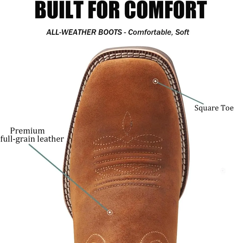 SUREWAY Cowboy Boots For Men - Mens Square Toe Western Boot With Flag,Oil/Slip Resistant,Durable Fashionable Classic Pull on 10 Inch Boots