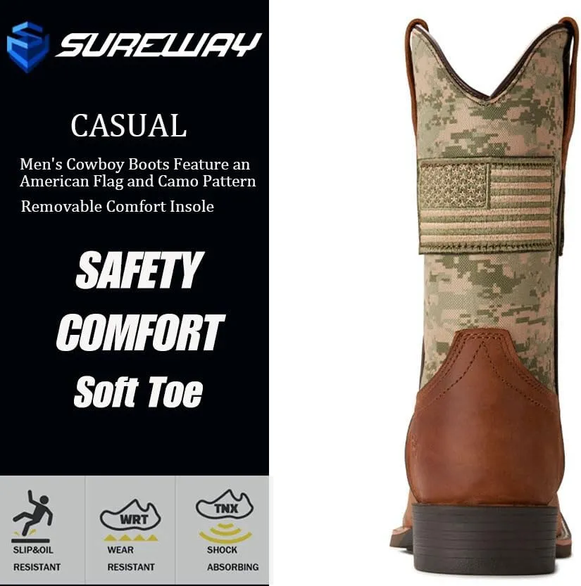 SUREWAY Cowboy Boots For Men - Mens Square Toe Western Boot With Flag,Oil/Slip Resistant,Durable Fashionable Classic Pull on 10 Inch Boots